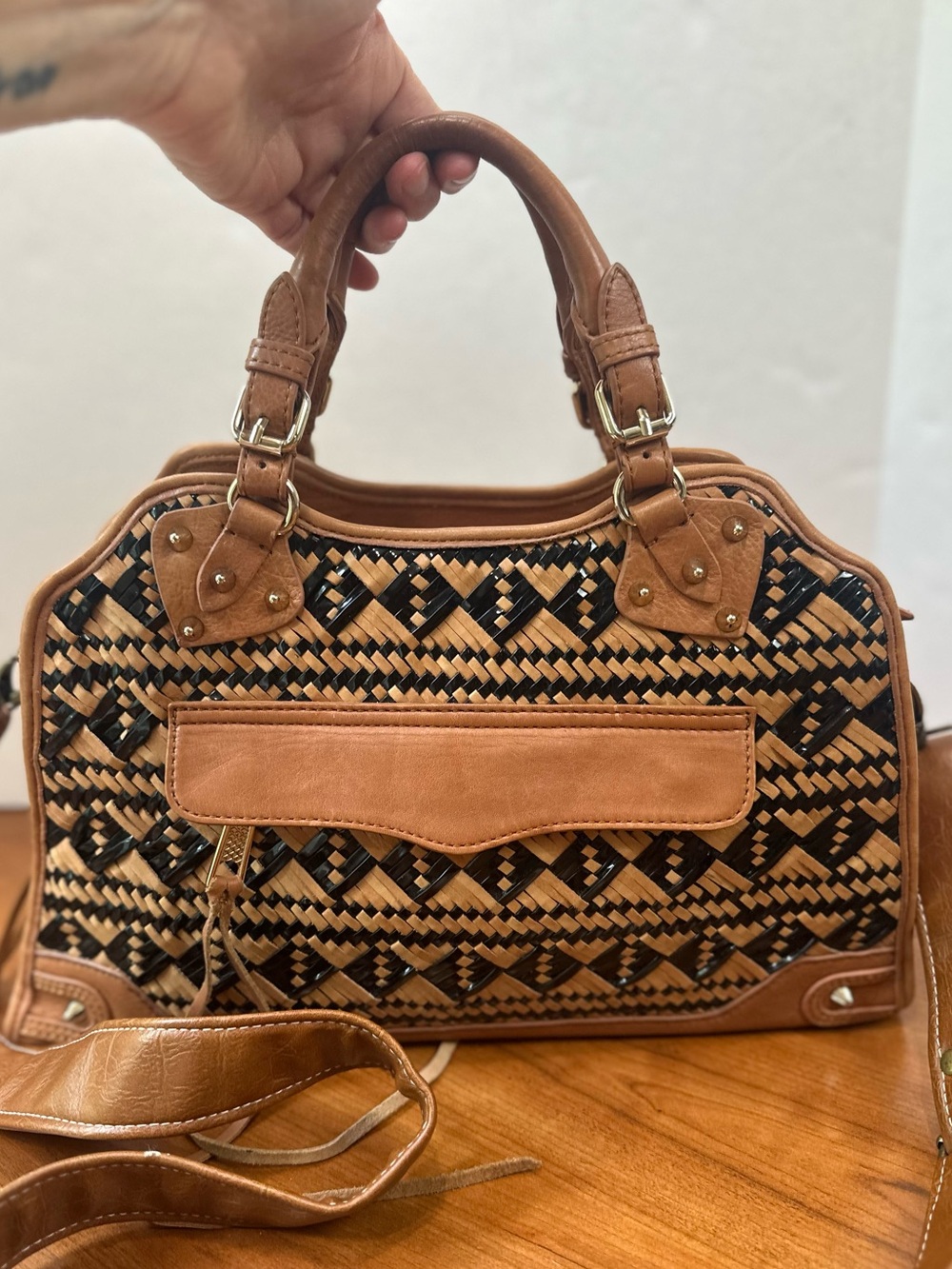 Rebecca Minkoff Boho Black Camel Woven Desire Bag Crossbody Satchel Handbag - Picture 2 of 15
